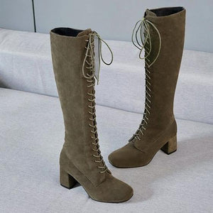 Women lace up square block heel knee high boots