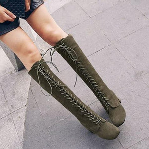 Women lace up square block heel knee high boots