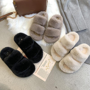 Fashion 2 straps furry slippers for winter fuzzy house shoes anti-slip