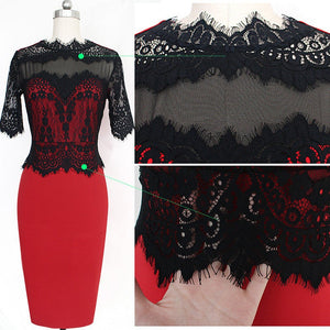 Half sleeves lace patchwork pencil dress | Slim fit bodycon business work dress