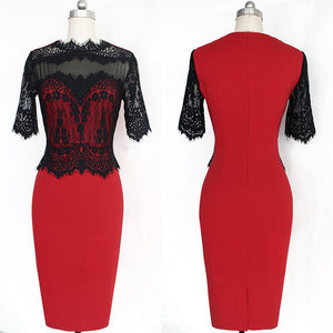 Half sleeves lace patchwork pencil dress | Slim fit bodycon business work dress