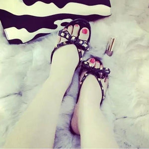 Women flat summer beach slide studded bow jelly sandals