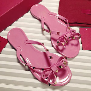 Women flat summer beach slide studded bow jelly sandals