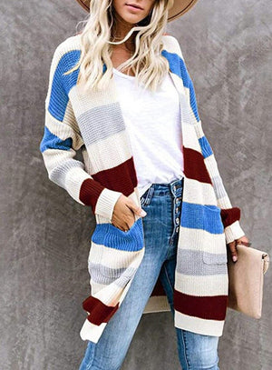 Women's color striped knitted cardigan open front long cardigan with pockets