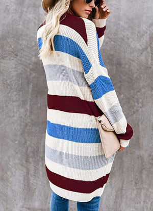 Women's color striped knitted cardigan open front long cardigan with pockets