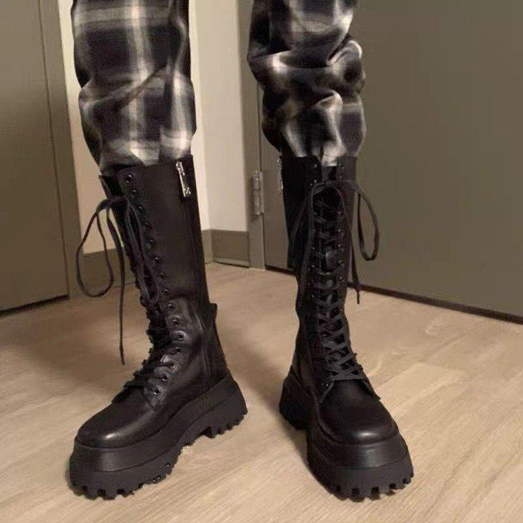 Women's black mid calf platform combat boots front lace-up motorcycle boots with zipper
