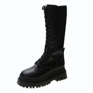 Women's black mid calf platform combat boots front lace-up motorcycle boots with zipper