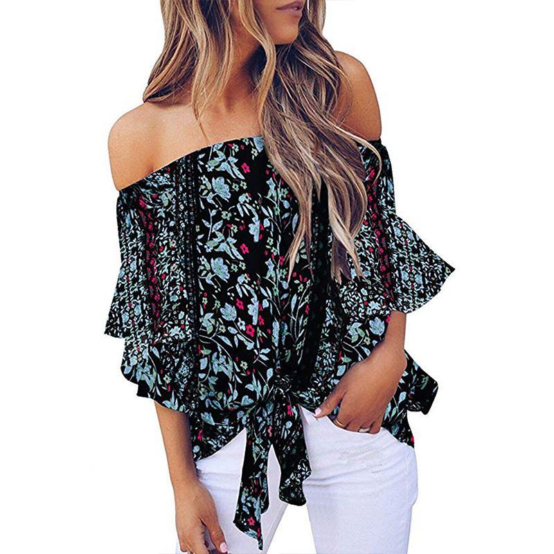 Women flare sleeve floral knot sexy off shoulder t shirt