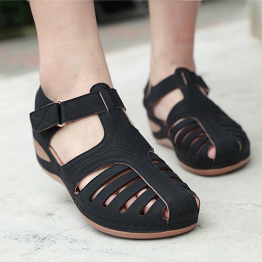 Women summer magic tape 
hollow out closed toe wedge sandals