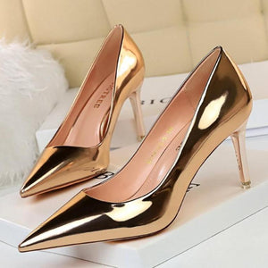 Women sexy champagne patent leather pointed toe high heel stilettos