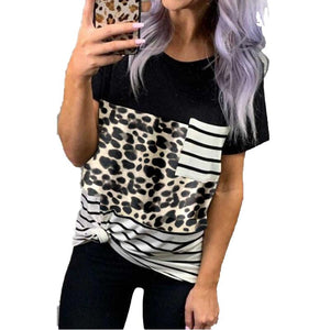 Women pocket striped leopard printed tees short sleeve shirts