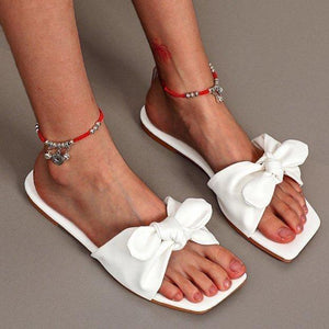 Women bowknot square peep toe summer flat slide sandals