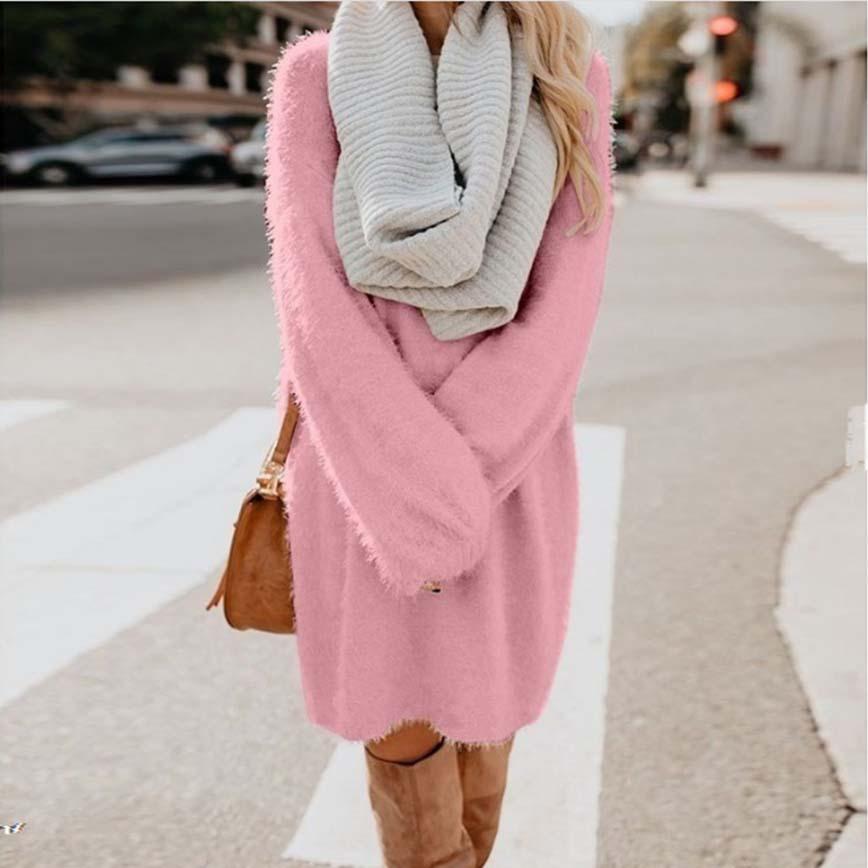 Women long dressy crew neck solid color fluffy sweater
