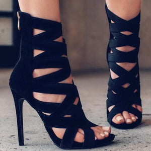 Women solid color peep toe back zipper stiletto strappy heels