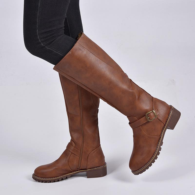 Women buckle strap chunky heel side zipper knee high boots