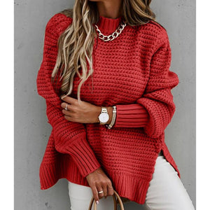 Women knit crew neck slit-hem long sleeve pullover sweater