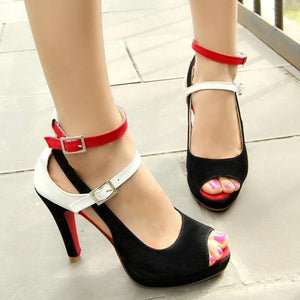 Women peep toe buckle two ankle strap chunky heels