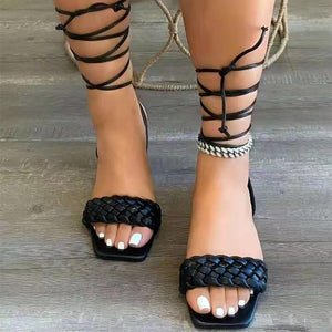 Women braided square peep toe strappy lace up gladiator sandals