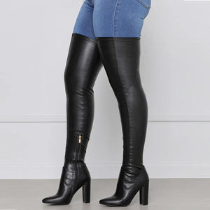 Women sexy pointed toe chunky heel over the knee boots