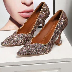 Women glitter pointed toe chunky high heel prom heels