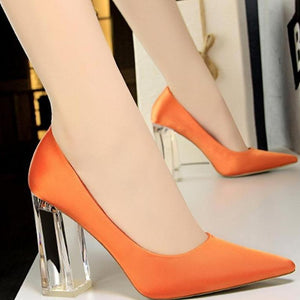 Women solid color pointed toe clear chunky high heels