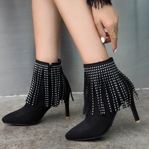 Women glitter fringed pointed stiletto high heel short boots