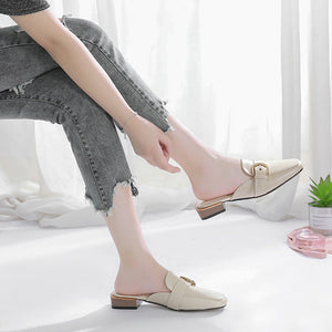 Women square toe buckle chunky heel mules shoes slide sandals