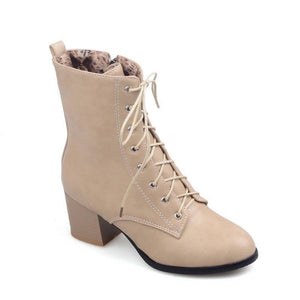 Women England style chunky heel lace up short motorcycle boots