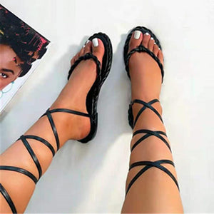 Women clip toe strappy ankle lace up flat sandals