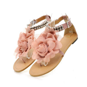 Women flower rhinestone ankle strap slip on flat sandals