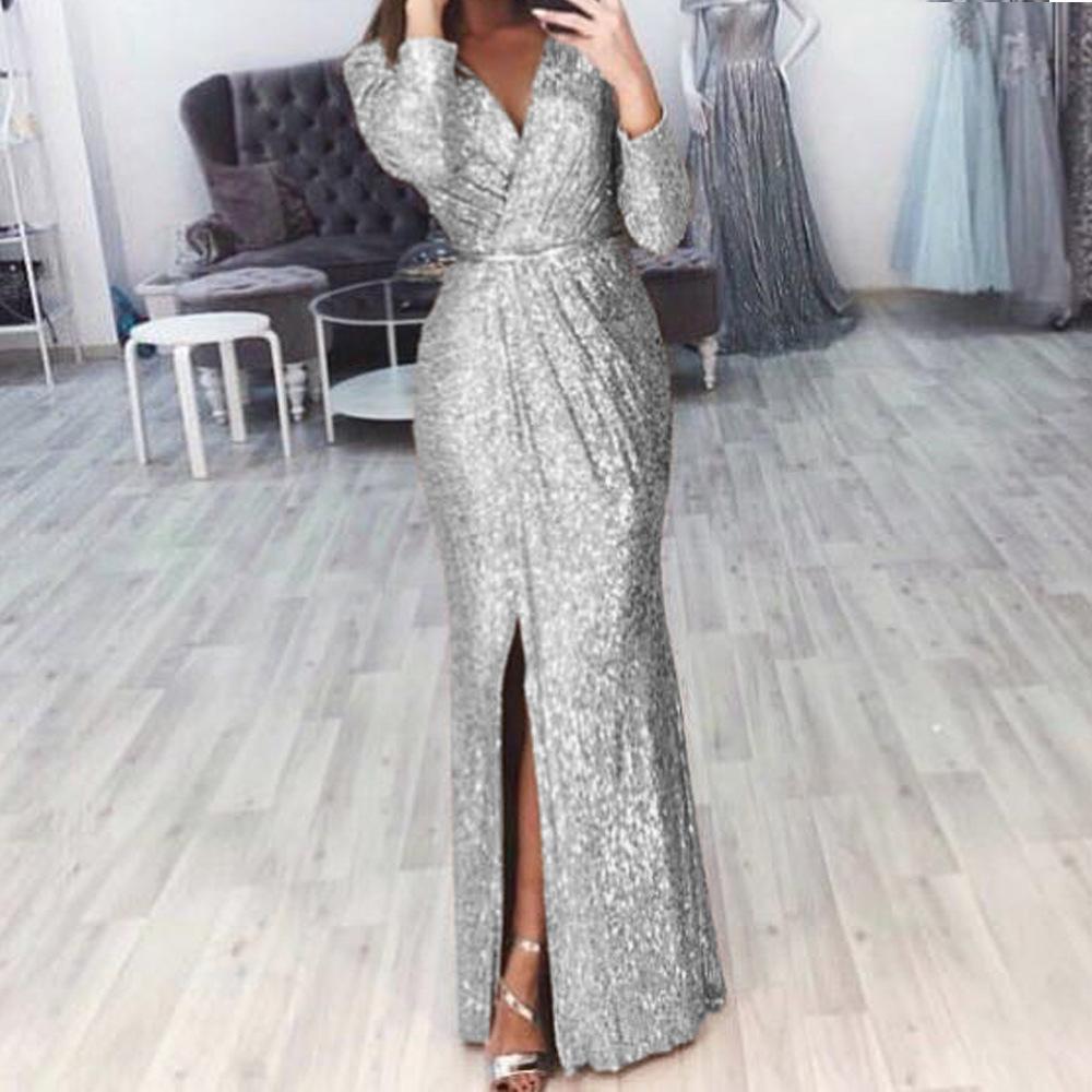 Women evening party glitter v neck maxi wrap dress