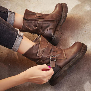 Women retro buckle strap short chunky platform boots