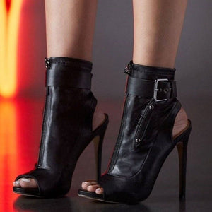 Women ankle buckle strap peep toe slingback high heel boots