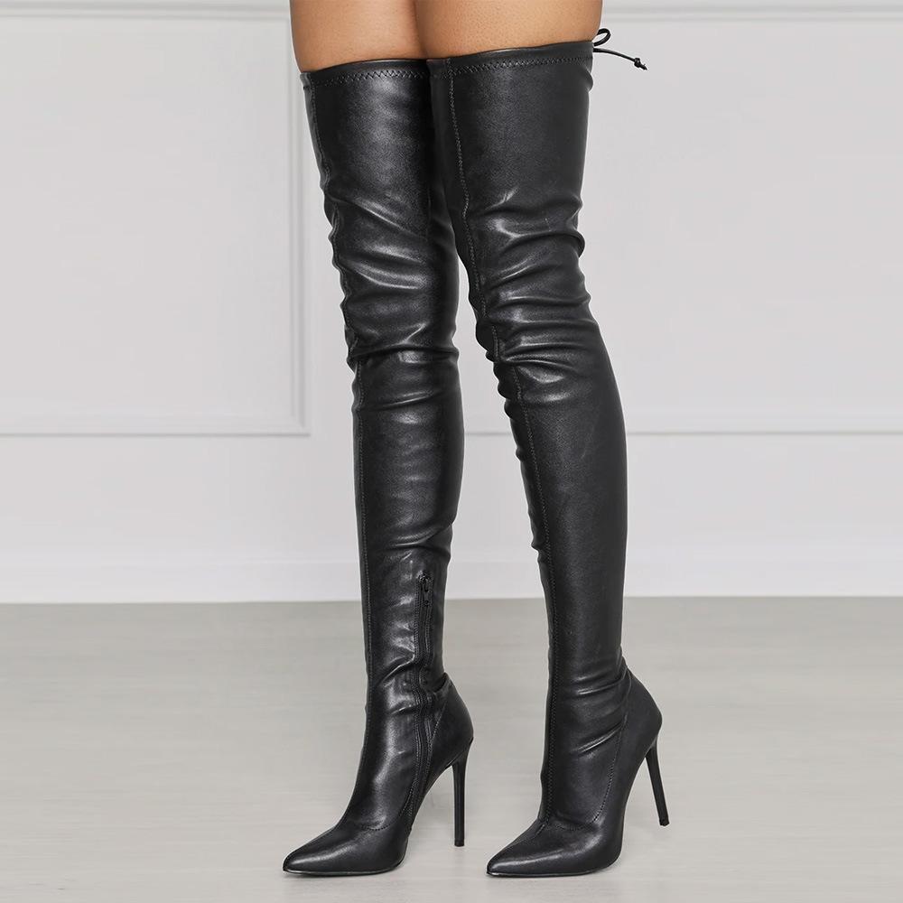 Women pointed toe stiletto heel side zipper back lace up over the knee boots