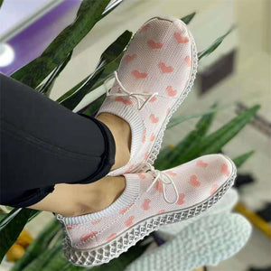 Women heart printed lace up flat heel sock sneakers