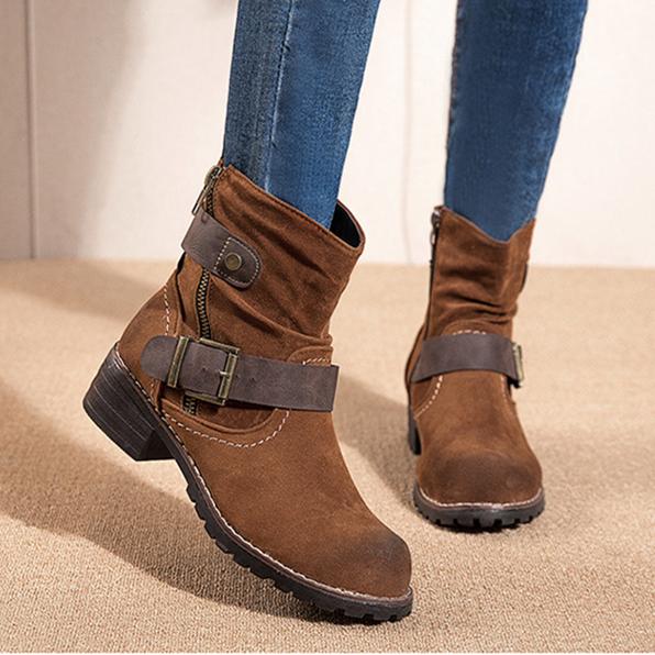 Women buckle strap chunky heel side zipper short boots