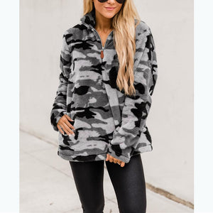 Women faux fur sweatshirt plaid camouflage quarter zip pullover