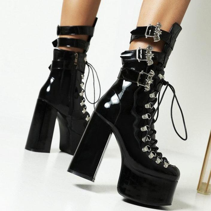 Women buckle strap lace up chunky high heel platform black boots