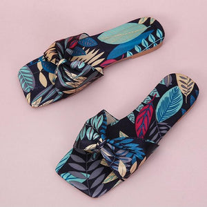 Women leaves printed bow strap square peep toe slide sandals