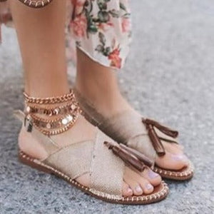 Women fringe criss cross strap peep toe buckle flat sandals