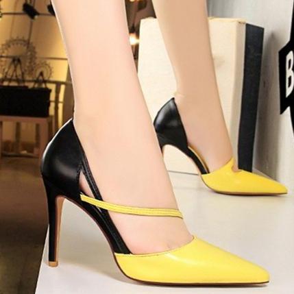 Women color block side cut pointed toe stiletto high heels