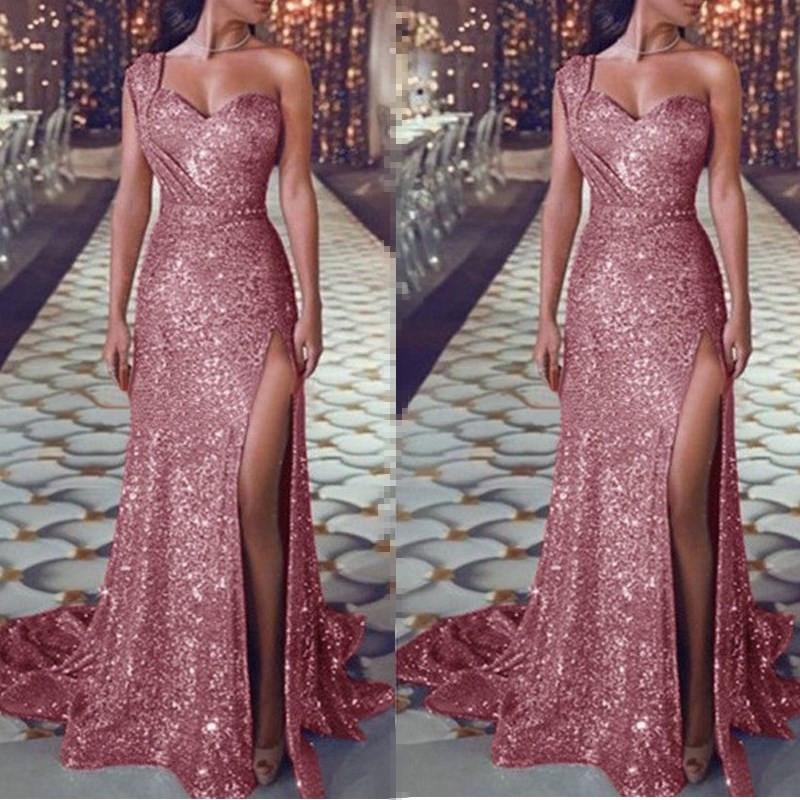 Women maxi sequin one shoulder slit sexy evening party dresses