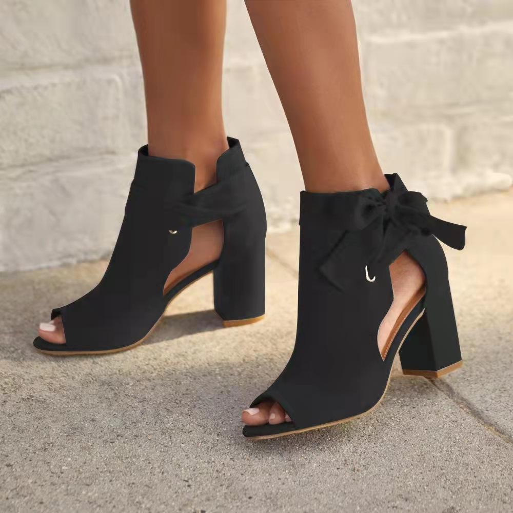 Women peep toe bowknot side hollow chunky heels