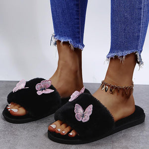 Women's butterfly warm plush slippers winter indoor shoes