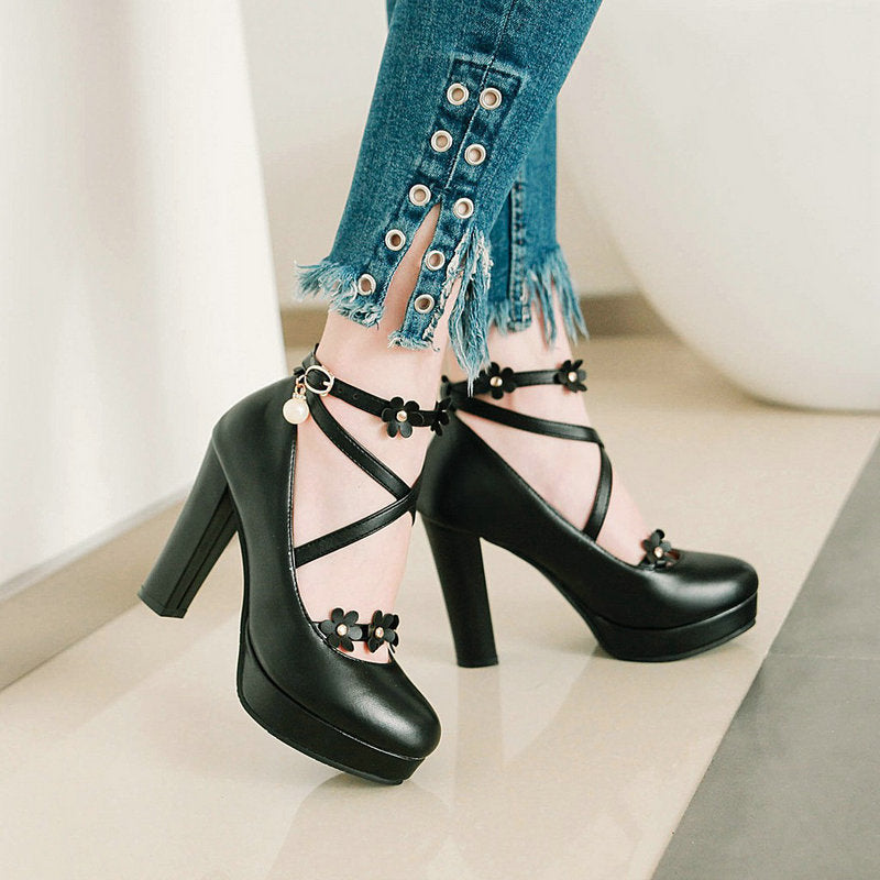 Women criss cross flower strap platform heels ankle strap chunky high heels