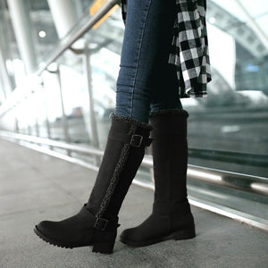 Women winter knee high faux fur chunky heel buckle strap snow boots