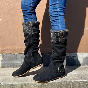 Women woven buckle strap side zipper flat knee high boots