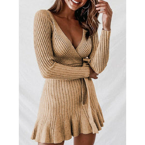 Women v neck sexy pullover solid color ruffle dressy sweater