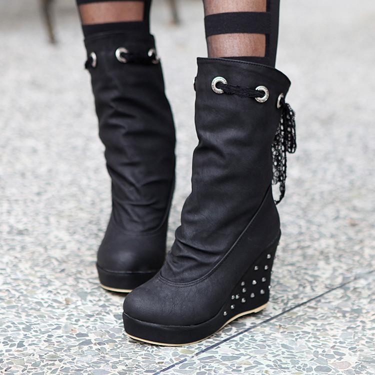 Women mid calf back cute lace studded wedge boots