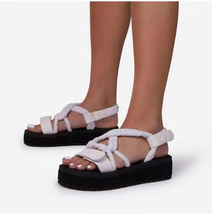 Women summer beach peep toe strappy slip on platform sandals